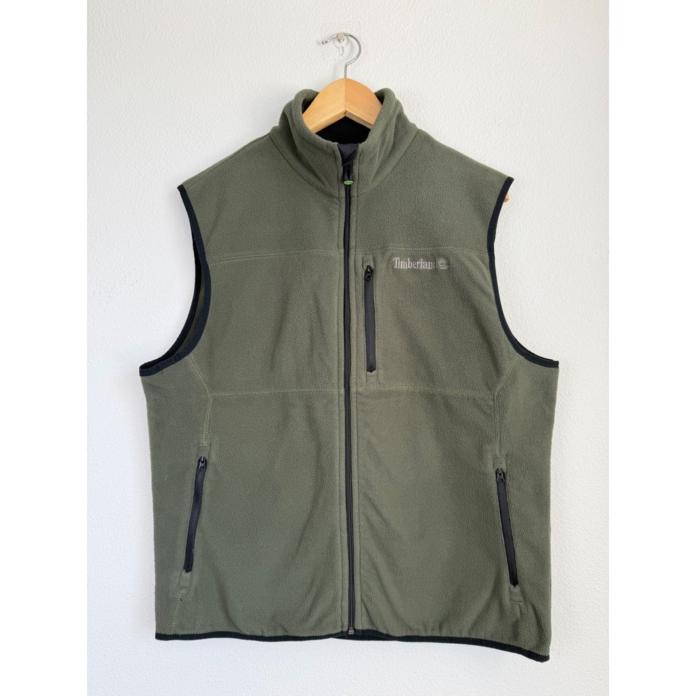 Timberland Mens Fleece Vest Medium Olive Green Full Zip Pocket Hiking Outdoor